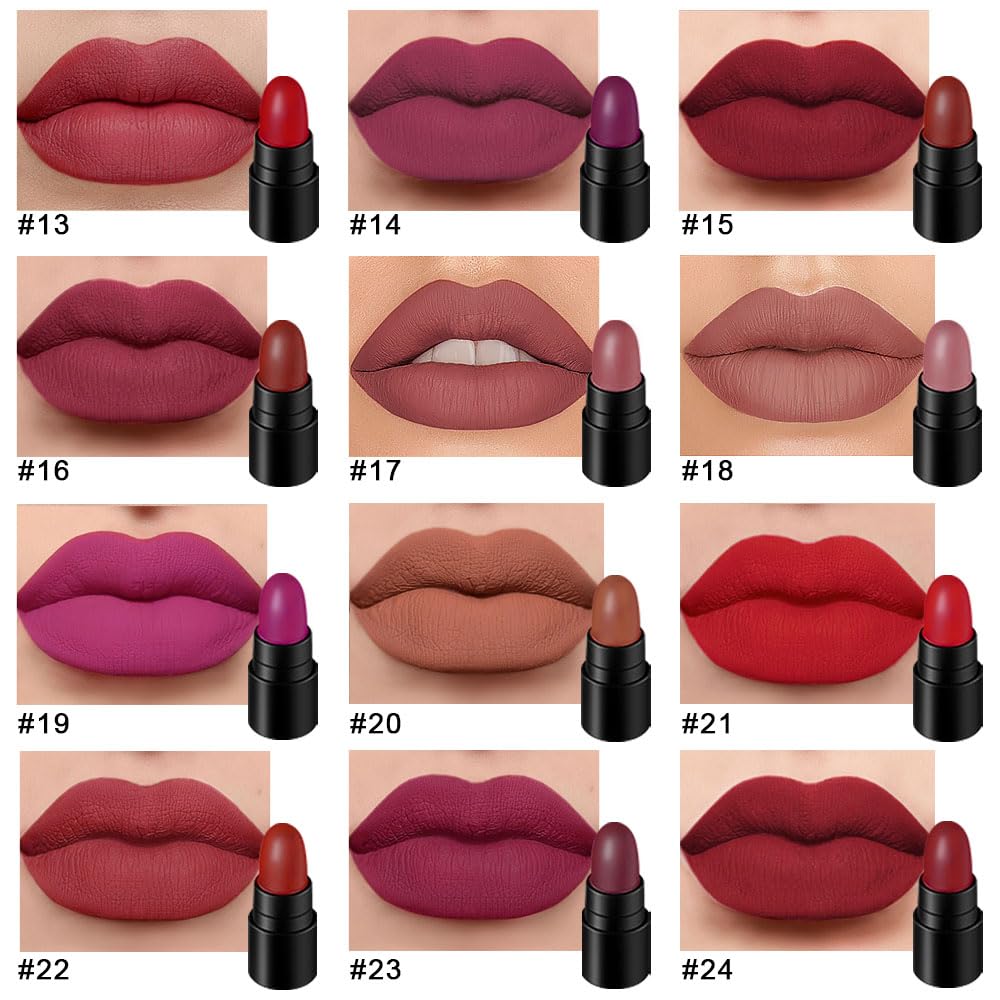 evpct 12Pcs Mini Pills Lipstick Capsule Set for Women Waterproof Long Lasting, Dark Ruby Deep Wine Mauve Red Purple Nude Brown Matte Small Magic Permanent 24 Hour Lipstick Bulk Samples 02