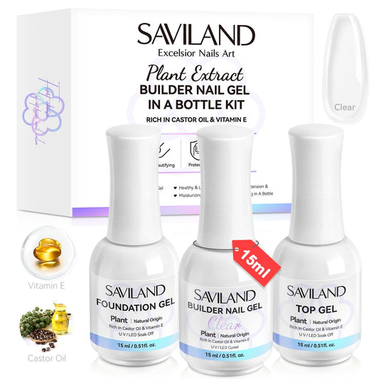 SAVILAND Clear Builder Nail Gel Kit: 3 Pcs 15ml Builder Nail Gel Base Top Gels with Castor Oil Vitamin E Apex Building for Thickening Extension Strengthening Repair Nails Art DIY Home Salon Gift Set