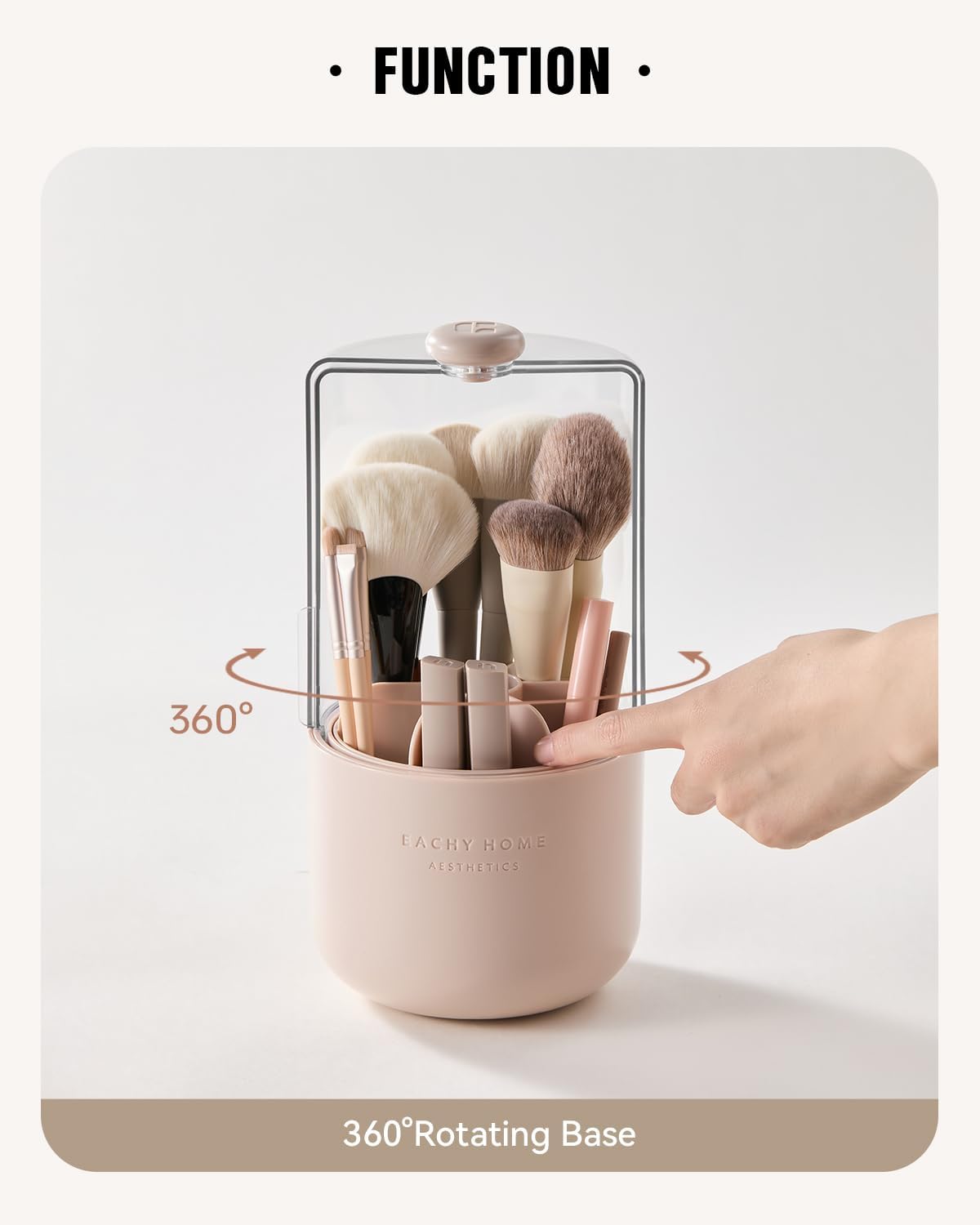 EACHY Makeup Brush Holder 360° Rotating with Dustproof Lid, Waterproof Material, 7 Compartments for Organized Storage, Stylish and Durable Design for Vanity (Pink)
