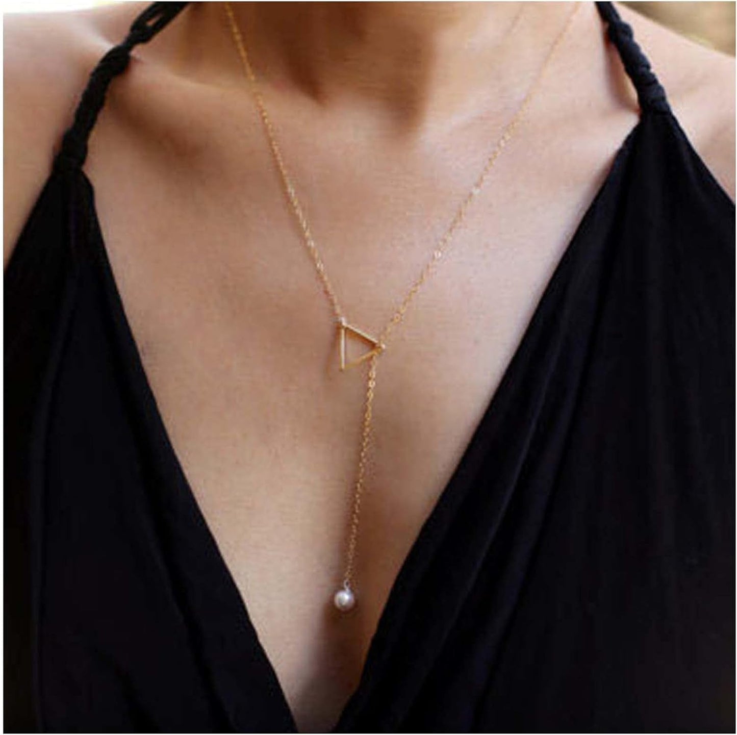 Boho Pearl Triangle Necklace Gold Y Pearl Necklace Minimalist Y Lariat Necklace Geometry Chain Jewelry for Women and Girls