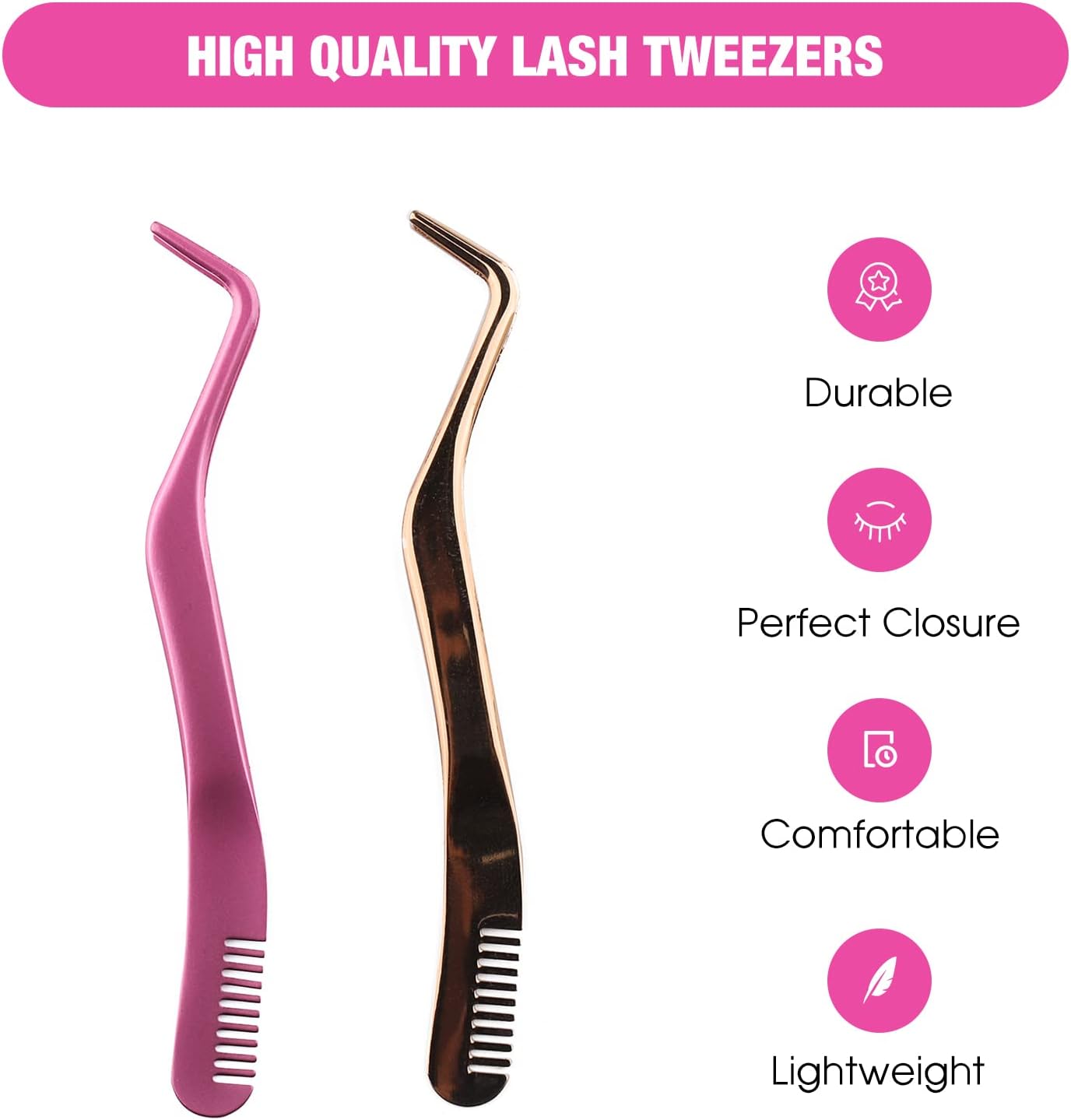 FADLASH Lash Tweezers for Individual & Cluster Lashes, 2pcs DIY Eyelash Extension Supplies, Lash Applicator Tool, Eyelash Tweezers for False Lash Extension, Pink & Rose Gold