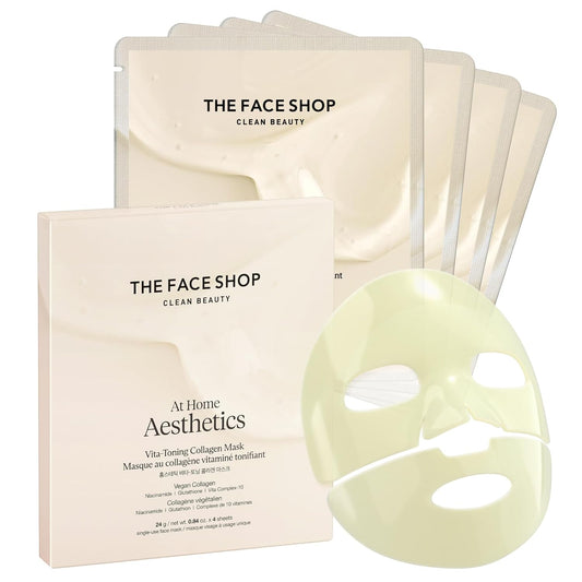 THE FACE SHOP Vita-Toning Vegan Collagen Face Mask, Korean Glass Skin Essential, Hydrogel Mask for Moisturizing & Skin Elasticity, Improves Uneven Tone, 4EA