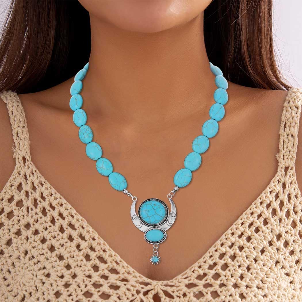 Y2K Necklace Puffy Turquoise Beaded Necklaces Pendant Boho Necklace Leather Choker Wrap Necklaces Jewelry for Women