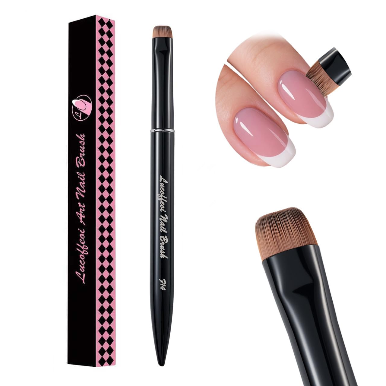 Nail Brush for French Tip, Nail Cleaning Brush for Gel & Acrylic - Professional Kolinsky Sable French Manicure Brush, Thin Nail Art Brush for Precise Clean Up & Polygel Application (Black, F14)