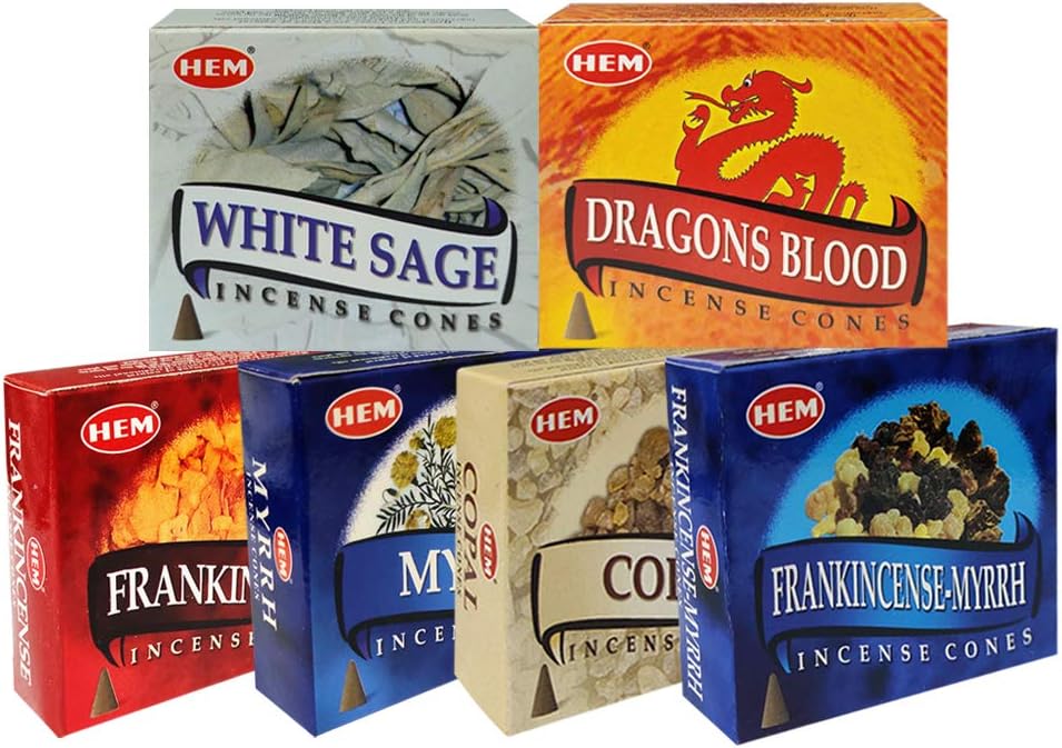 Hem Incense Cones Variety Pack #4 and Inscents-Cones Burner Holder with 6 Most Popular Fragrances - Dragons Blood, Frankincense, Myrrh - Total 60 Scented Cone Incense (6 Scents x 10 Conos)