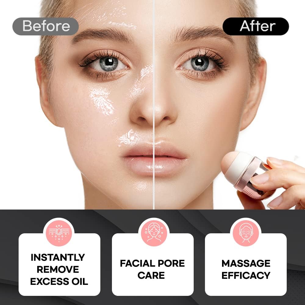 Korean Beauty Oil-Absorbing Volcanic Face Roller, Portable and Reusable Skincare Tool for Oily Skin, Shine Control, Oil Absorber tool for Face (Rose Gold)