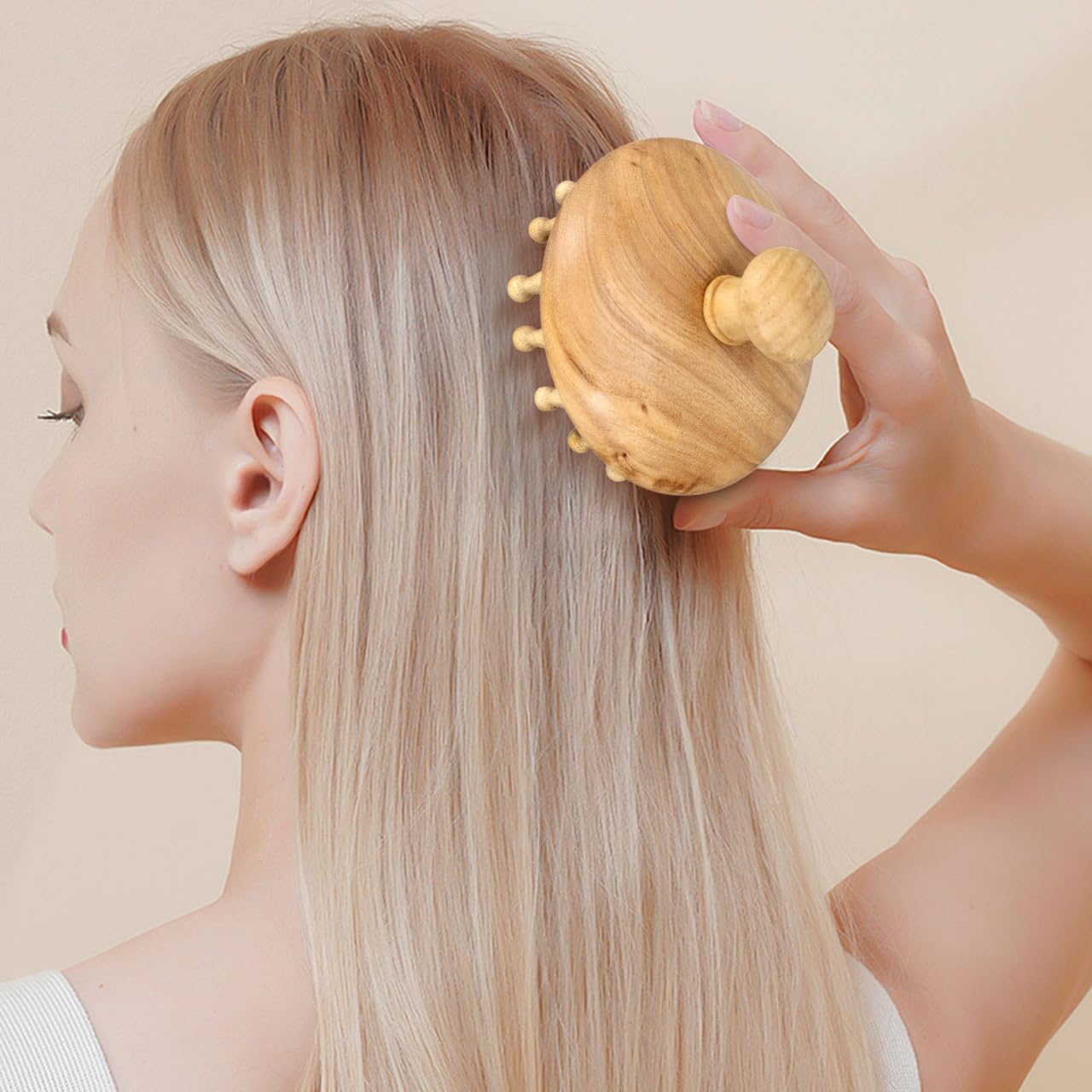 NOLITOY Wooden Scalp Massager, Head Acupoint Massage Anti-Static Round Wide Tooth Brush Guasha Tool Shampoo Scrubber Brush for Dandruff Removal