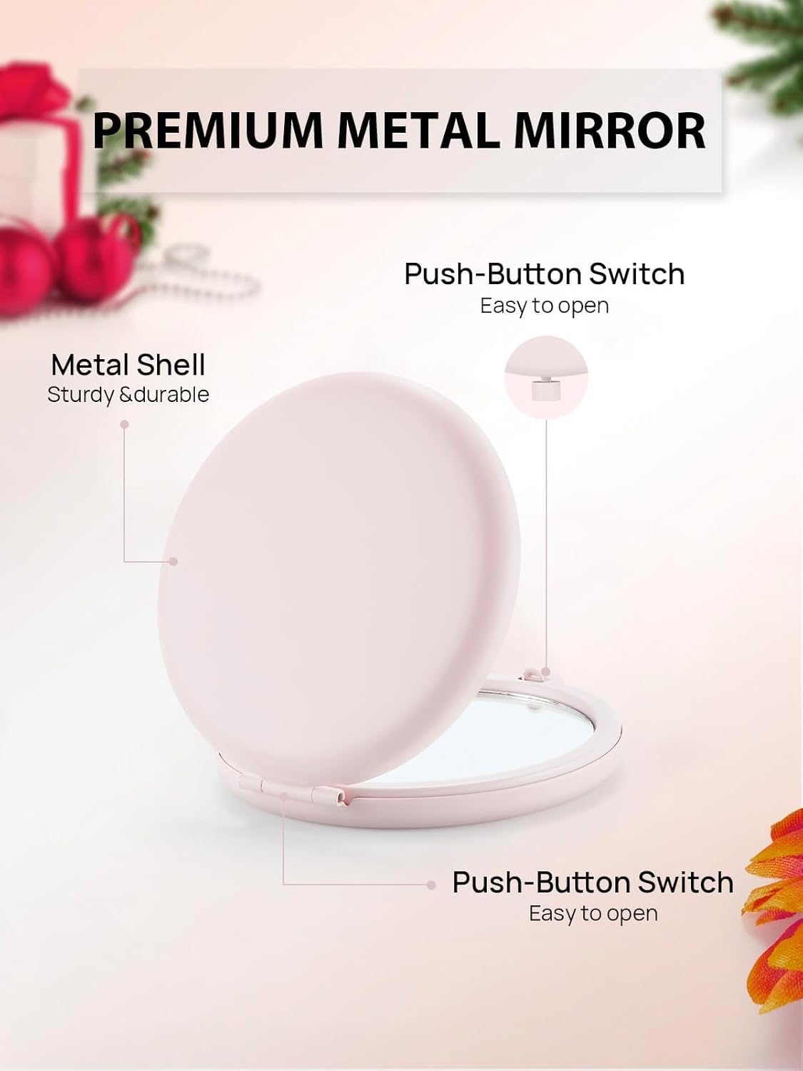 Compact Mirror for Purse, Double-Sided 1X/2X Magnifying Metal Pocket Makeup Mirrors(Round,Pink Marshmallow)