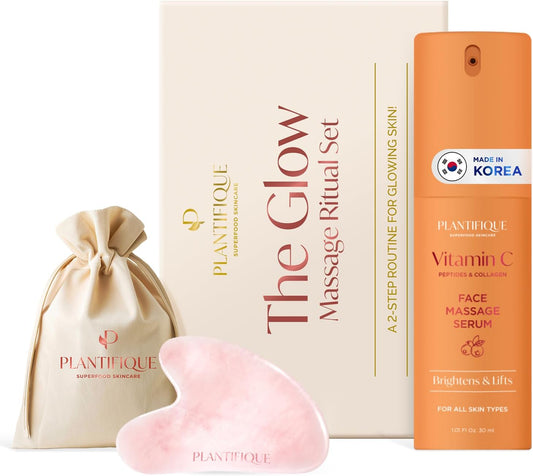 PLANTIFIQUE Massage Ritual Set: Premium Certified Jade Gua Sha + Jojoba Oil & AHA Serum Skin Care Set, Birthday Gifts for Women, Teens, Mom, Brides