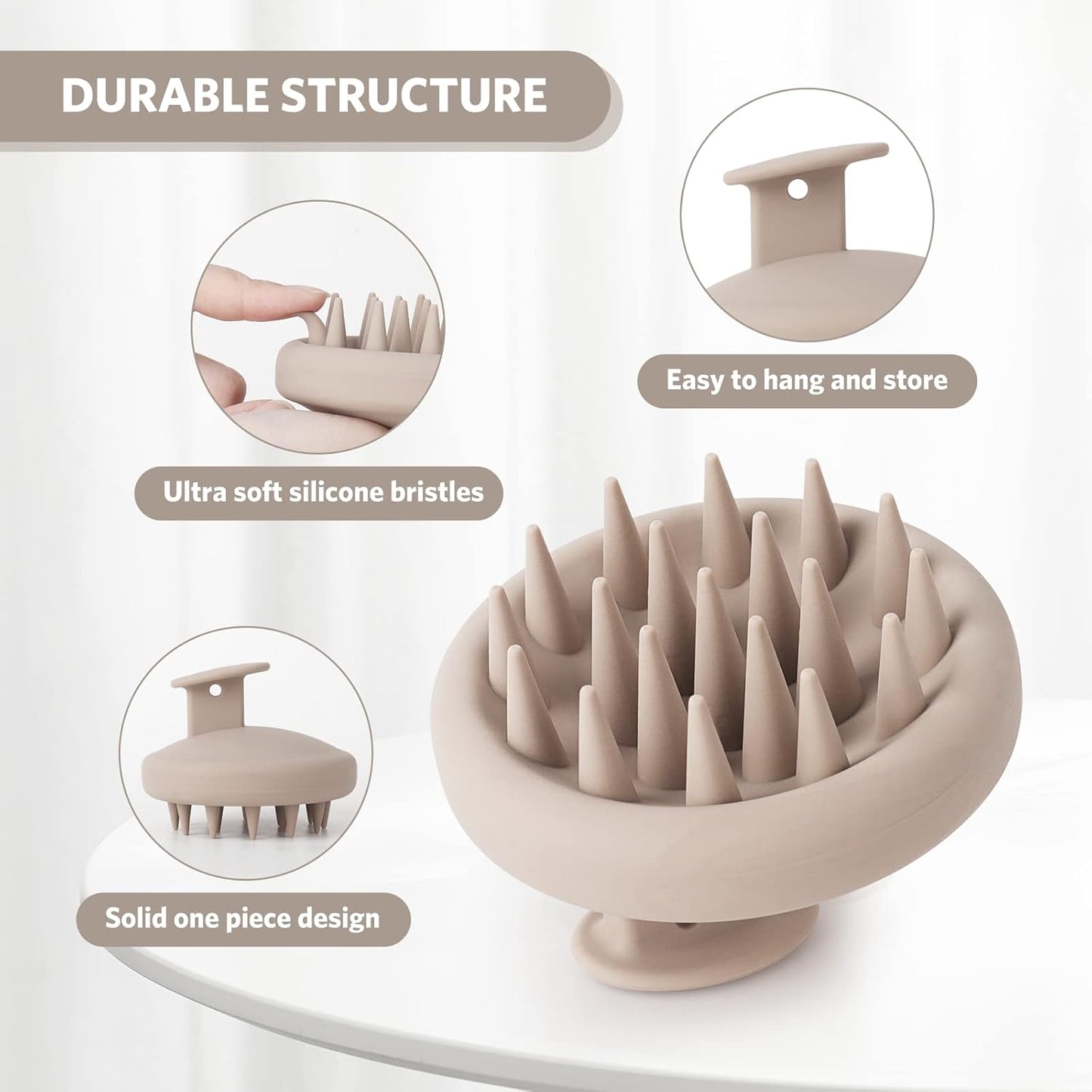 Sndyi Silicone Scalp Massager Shampoo Brush, Hair Scrubber with Soft Silicone Bristles, Scalp Scrubber/Exfoliator for Dandruff Removal, Wet Dry Scalp Brush for Hair Growth & Scalp Care, Khaki