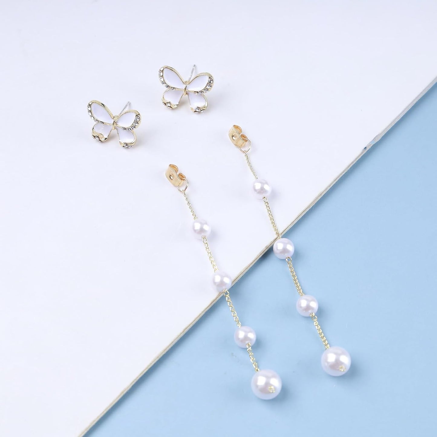 Vintage Crystal Butterfly Pearl Earrings Long pearl Drop Earrings Gold Pearl Tassel Chain Earrings Sparkly Cz Butterfly Stud Earrings Jewelry for Women