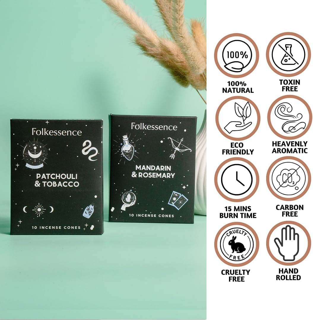 Folkulture Incense Cone Scented | Set of 2 Inscents-Cones (20 Cones) | Mandarin and Rosemary, Tobacco & Patchouli | Variety Pack Insence Cone for Relaxation and Meditation | Insenses for Home