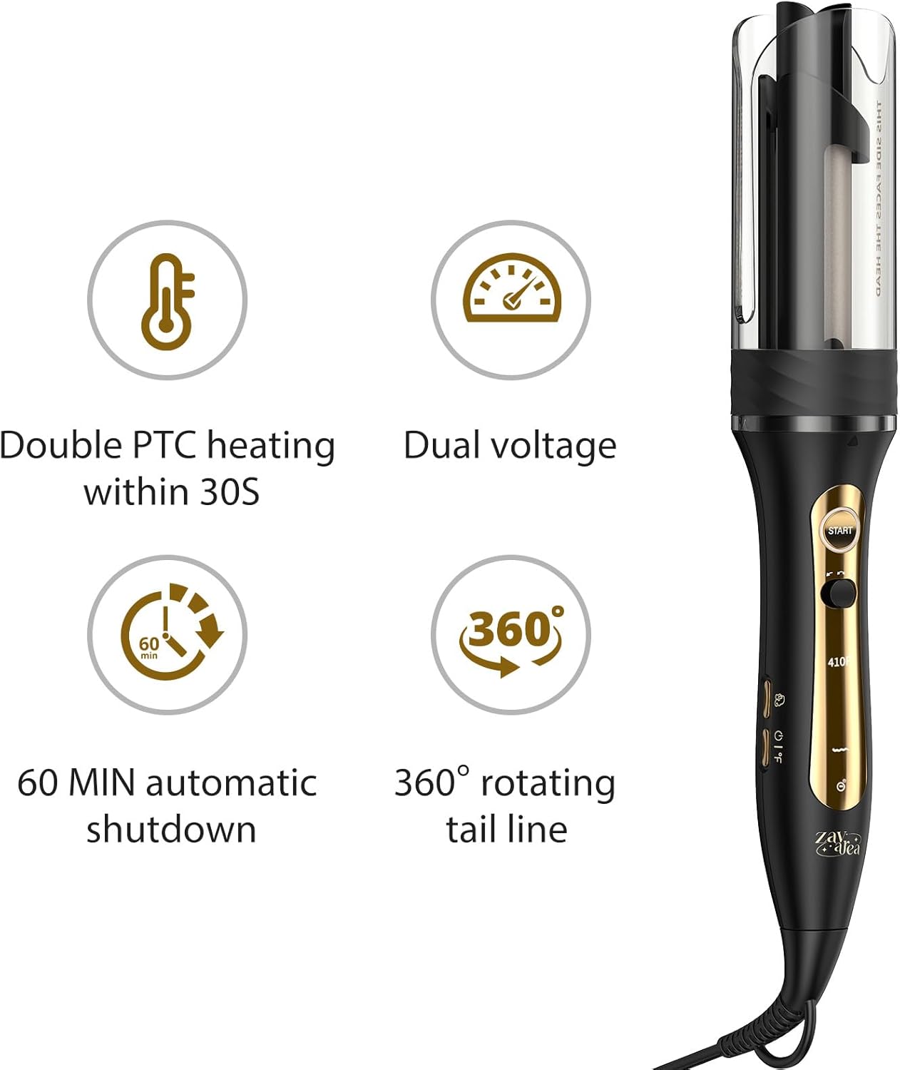 Zavarea Automatic Curling Iron, 1 Inch Hair Curler with 5 Temperatures, 3-Ways Rotation & 3-Styling Modes, Anti-Scald & Tangle-Free Self Rotating Curling Wand (Black)