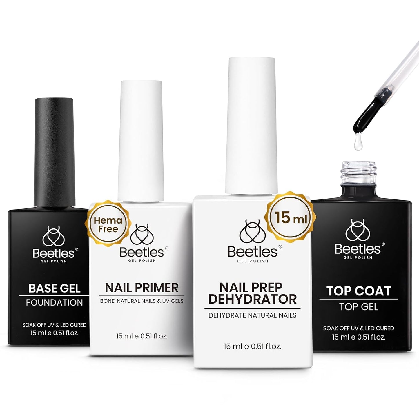 Beetles 4 Pcs 15ml Gel Top Coat and Base Coat Set with Nail Dehydrator and Primer,Professional Nail Prep Acid-Free & Hema-Free Dehydrate Bond Primer Set for Acrylic and Gel Nail Polish