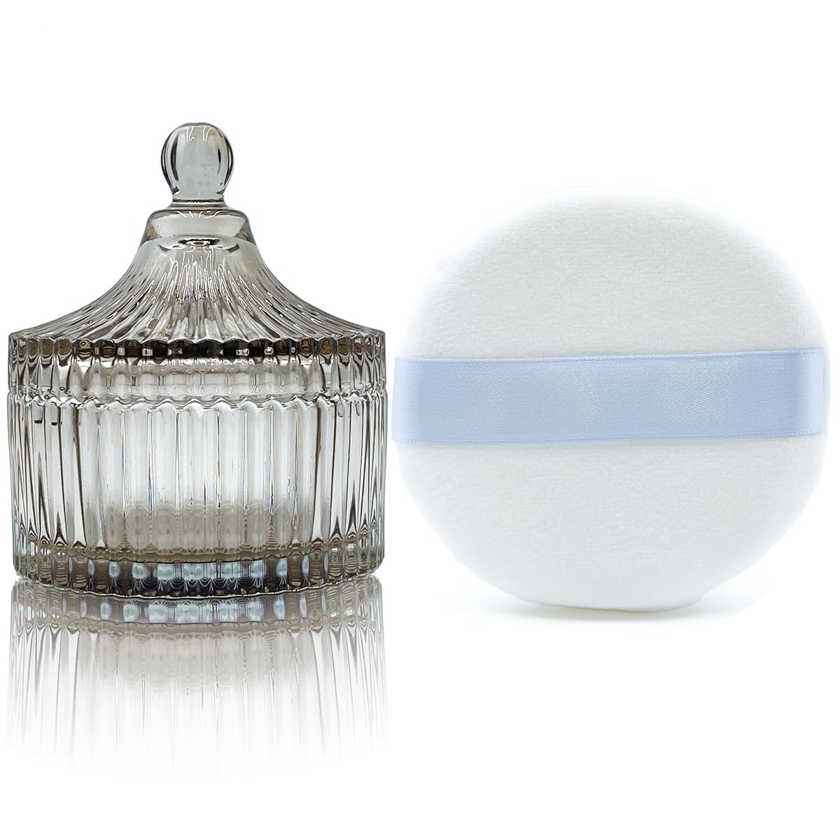 Ultra Soft Powder Puff and Container 3.3" High Density Velvet Dusting Washable Reusable Powder Puff,Body Powder Puff and Glass Jar Holder Loose Powder Box with Puff for Face Makeup(Tawny)