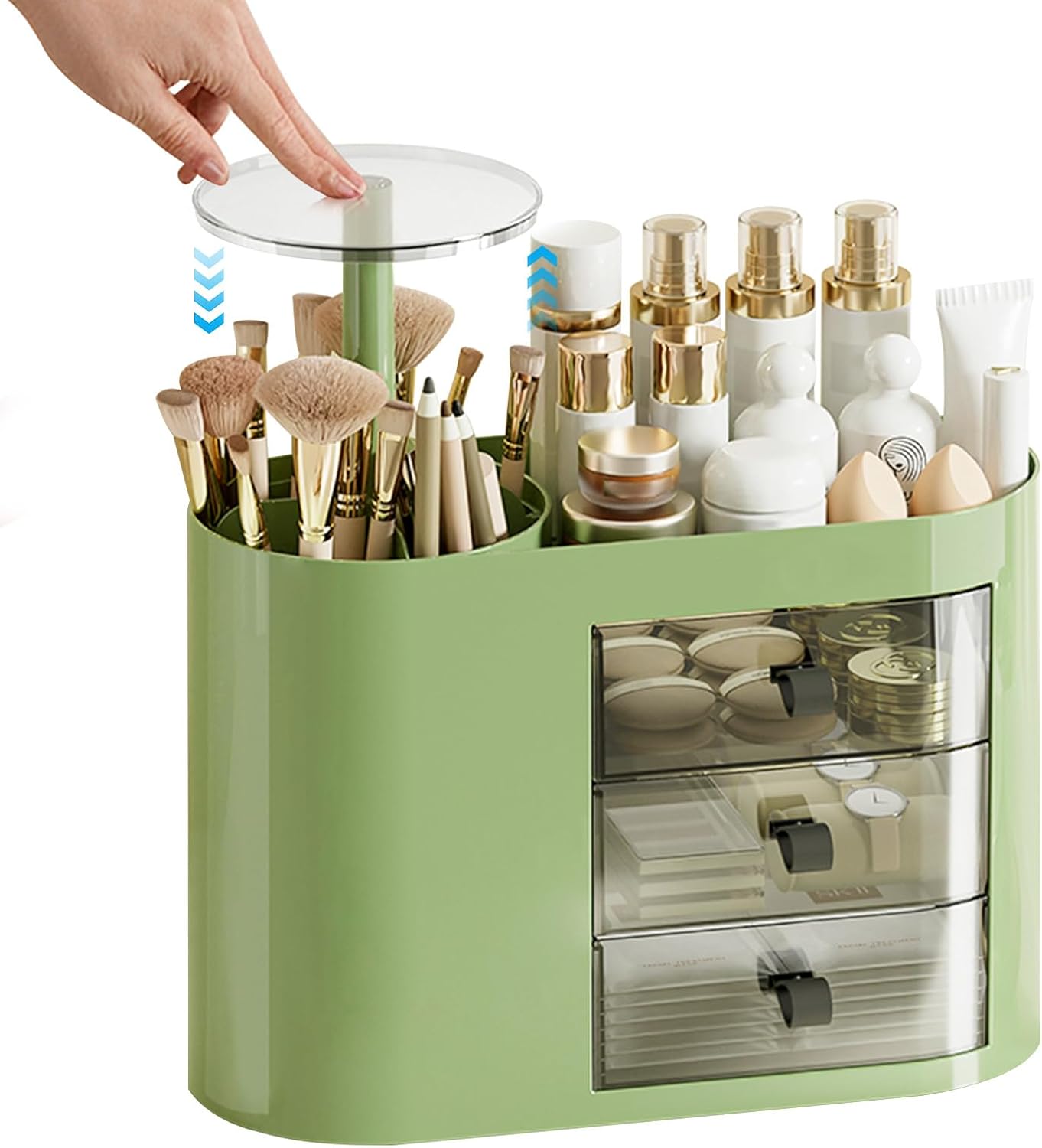 DASITON Makeup Organizer with 3 Drawers,Automatic Lifting Makeup Brush Holder with Lid,Large Capacity Makeup Organizers for Vanity,Bathroom Countertop,Ideal Storage Skin Care,Brushes,Lipstick (Green)