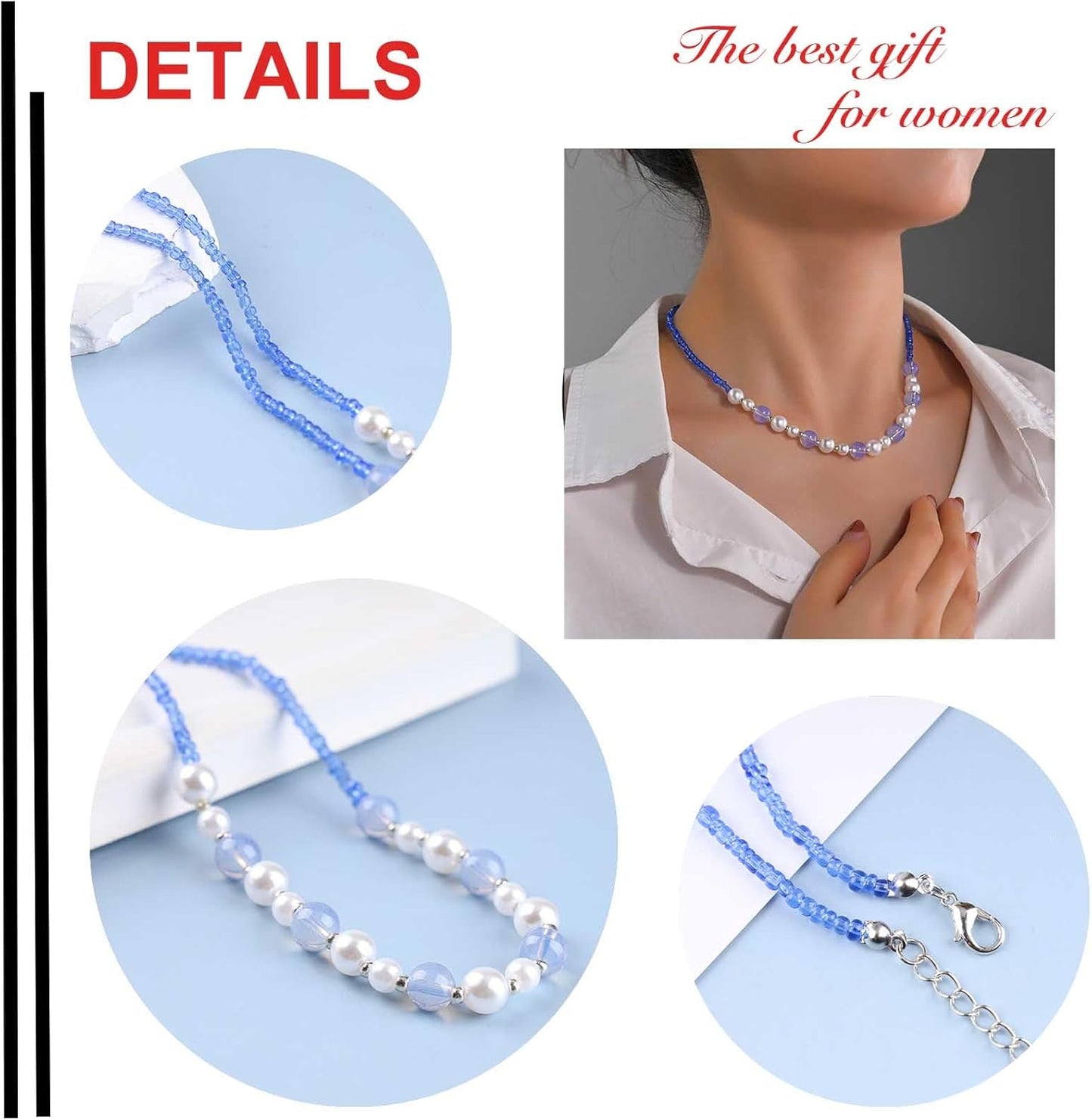 Boho Pearl Choker Necklace Vintage Blue Heishi Surfer Choker Imitation Pearl Necklace Chain Vinyl Seed Beads Necklace Summer Beach Bohemian Necklace Jewelry for Women and Girls