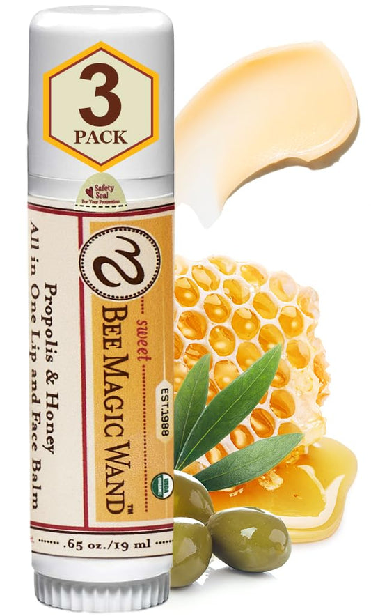 Sweet Bee Naturals Magic Wand - Certified Organic Lip and Face Moisturizing Wand - Natural Chapstick and Balm Stick for Dry Skin and Lips, Non Petroleum Jelly for All Ages and Skin Types, Pack of 3