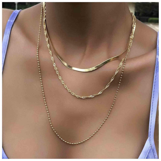Punk Layered Chain Necklace Gold Flat Snake Chain Necklace Choker Vintage Herringbone Necklace Stacking Chunky Necklace Chain Jewelry for Women and Girls Gift