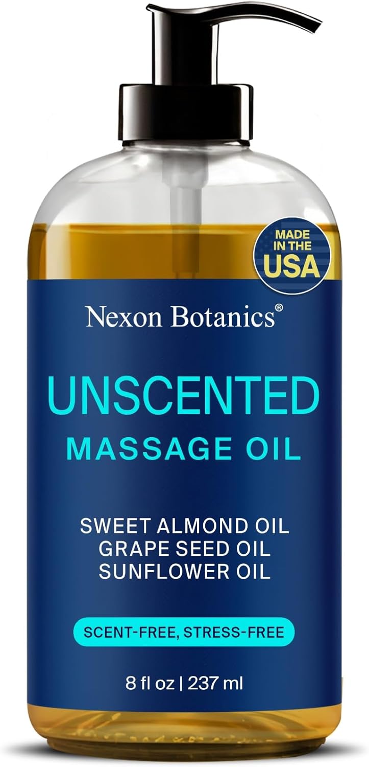 Unscented Massage Oil for Massage Therapy 8 fl oz - Refreshing and Relaxing - Natural Oils with Sweet Almond, Grape Seed and Sunflower Oil - for Men and Women - Nexon Botanics