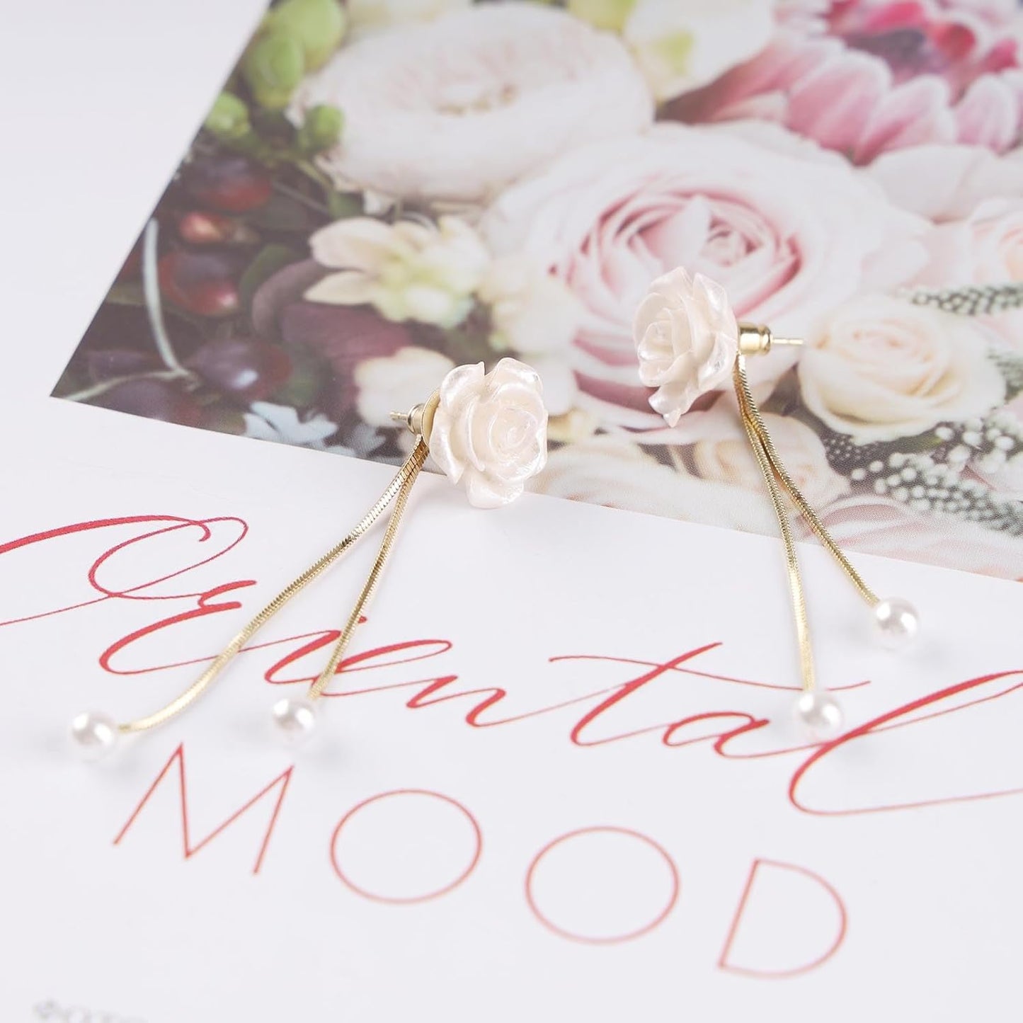 Vintage Flower Pearl Drop Earrings Long Tassel Pearl Earrings White Camellia Stud Earring Gold Pearl Chain Dangle Earrings Jewelry for Women