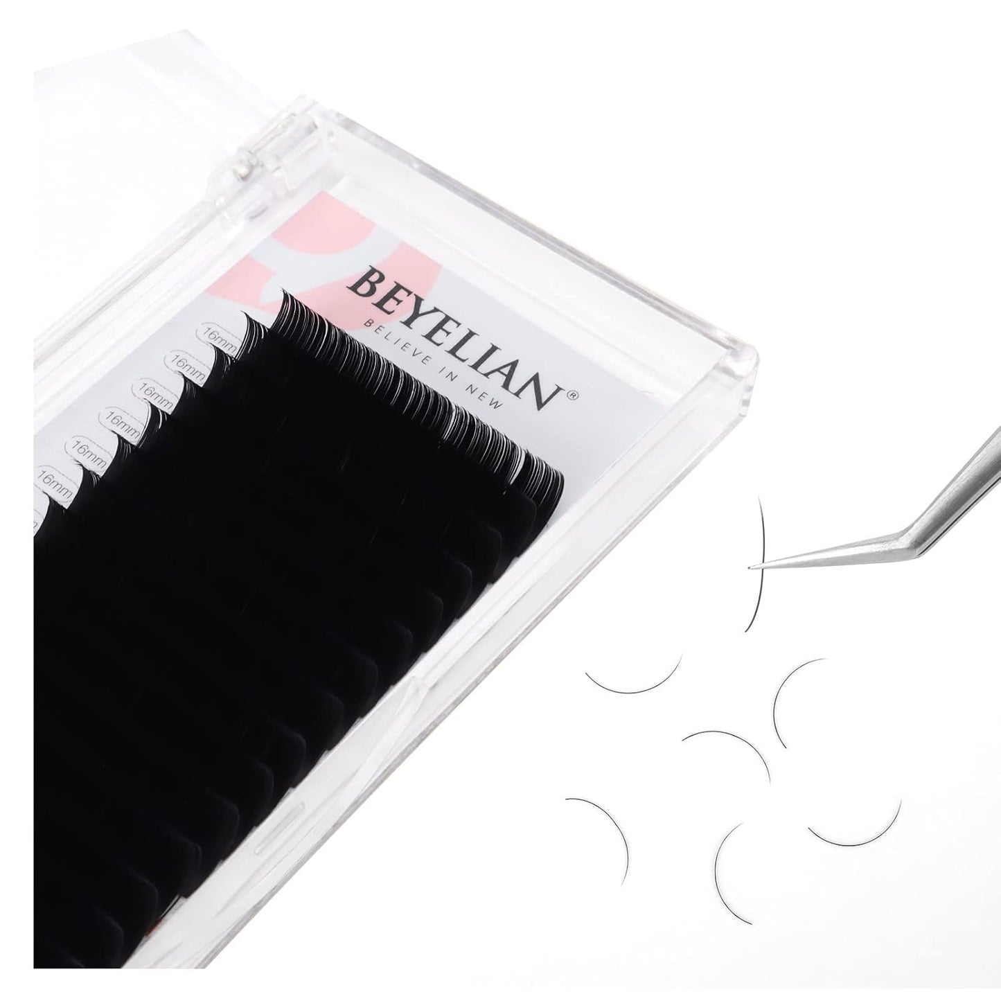 BEYELIAN Ellipse Flat Lash Extension 16 Rows 0.15 C Curl 16mm Single Length Tray Flat Eyelash Extension Matte Black Classic Lash Extensions Professional Supplies