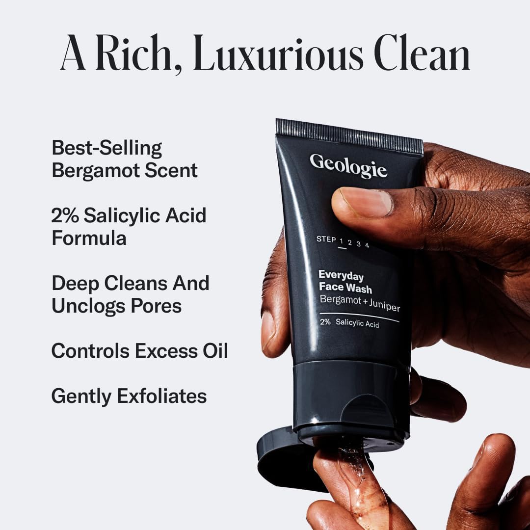 Geologie 2% Salicylic Acid Face Wash Bergamot + Juniper Scent | Facial Cleanser for Men & Women | Acne & Oil Control | Deep Cleansing & BHA Exfoliating Face Wash | 2-Pack