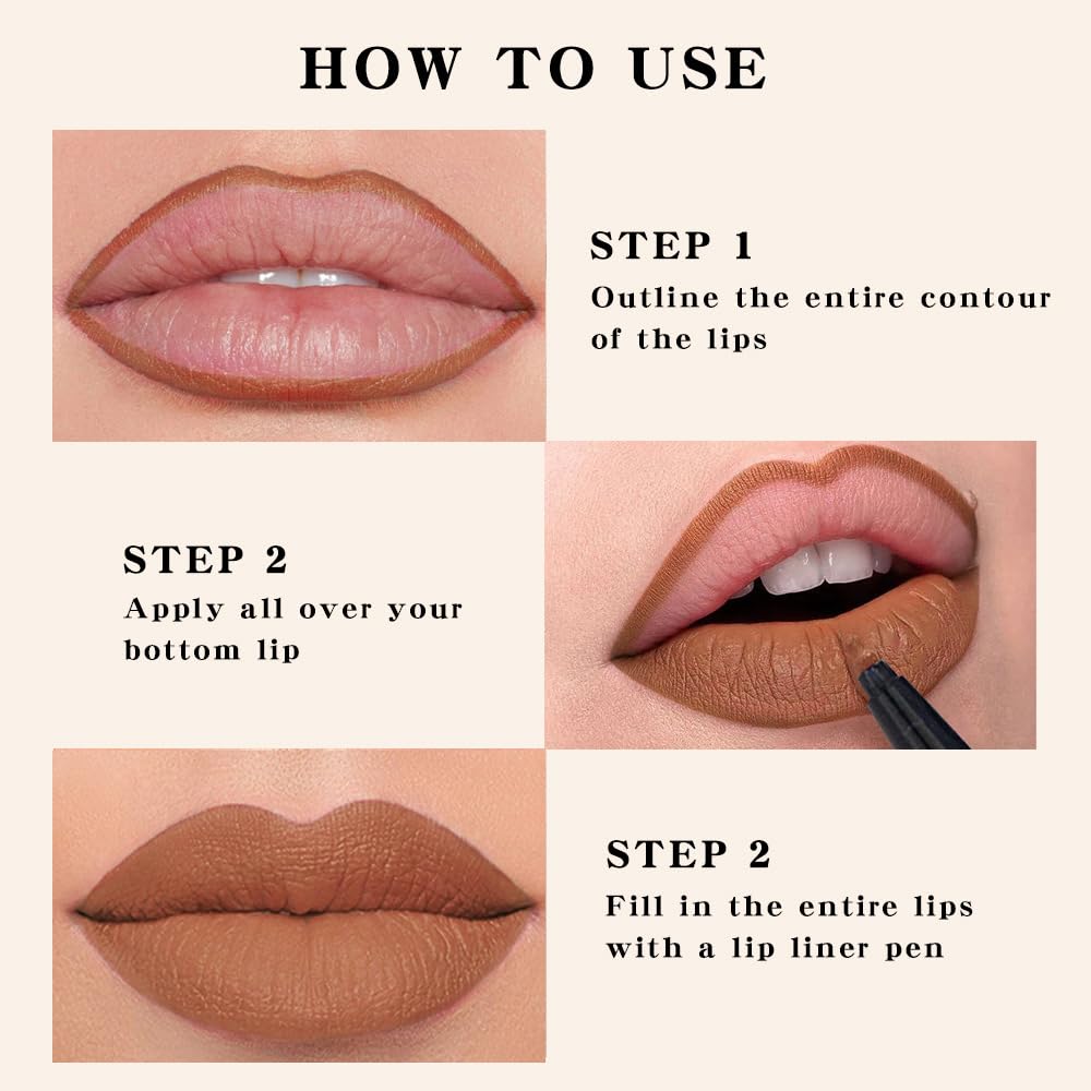 evpct Longwear Liquid Lip Liner Stain Marker Pen Long Lasting Waterproof, Nude Light Brown Matte Semi Permanent 24 Hour Lip Liner and Lipstick Combo, Color Stay Lipliner All Day, Lips Stain peel off