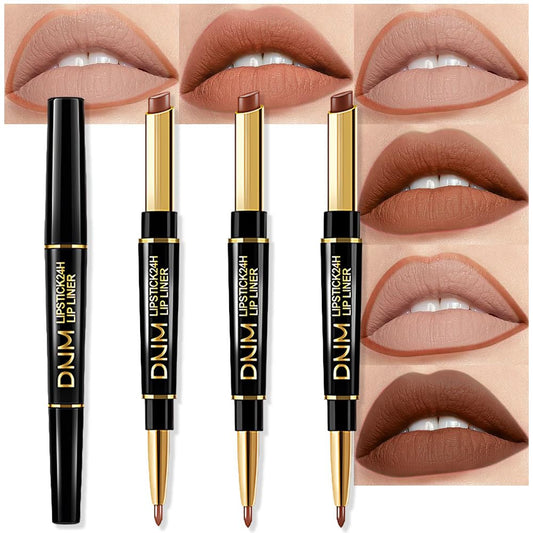 evpct 3Pcs Light Nude Dark Deep Brown Matte Lip Liner and Lipstick Combo Set Kit for Women, Magic Lipstick 24 Hours Original Lip Liner Makeup Stain Gloss Plumper Long Lasting Waterproof labial
