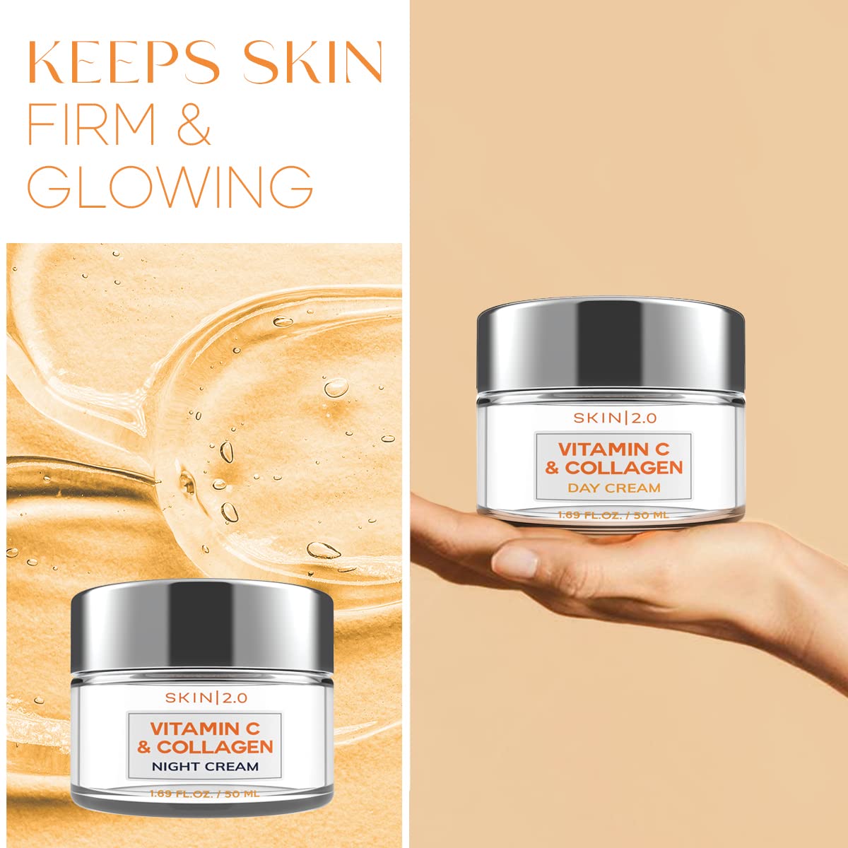 Vitamin C & Collagen Day & Night Face Moisturizer Cream - Dermatologist Tested, Brightening, Anti-Aging, Clean Beauty, Cruelty-Free Korean Skincare for All Skin Types - 1.69 oz (2-Pack)