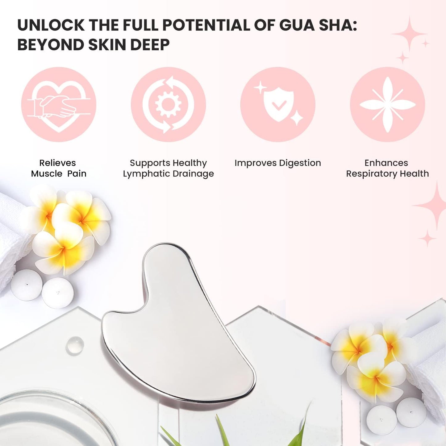 Sacred Healing Premium Stainless Steel Gua Sha Facial Tool – Enhance Beauty, Anti-Aging, Pain Relief, Lymphatic Drainage – Ideal for Home and Professional Use- Metal Gua Sha