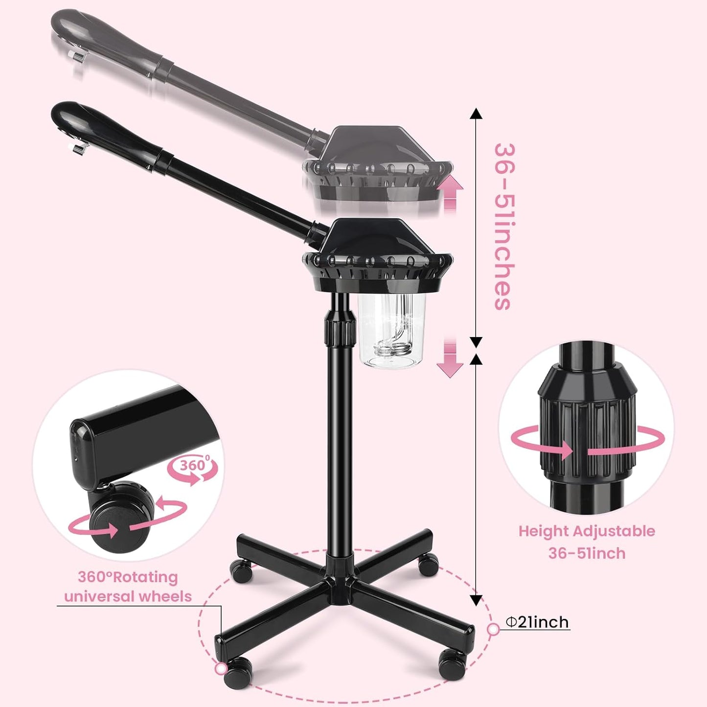 Professional Facial Steamer, Facial Steamer on Wheels with More Steam, Adjustable Height and Angle, Face Steamer for Deep Cleansing and Hydration, Estheticians Steamer for Beauty, Spa and Home Use