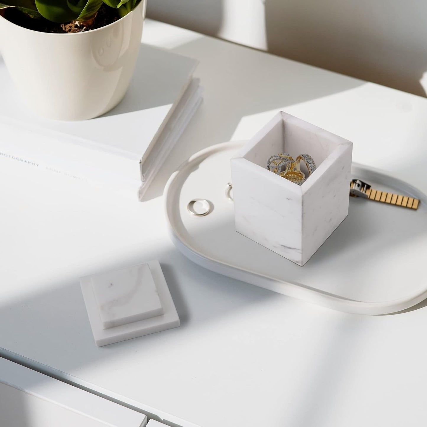 WORHE Marble Canister Natural Stone Qtip Holder with Lid Square Bathroom Vanity Organizer for Makeup Sponge Coffee Bean Dispenser Storage Jar Case for Home Decor White (DLW201)