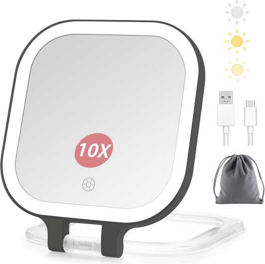 DESCHEN Rechargeable Travel Makeup Vanity Mirror with Lights and Magnification, Portable 1X/10X Magnifying Mirror with 3 Color Light, Lighted Makeup Mirror with Magnification (Black)