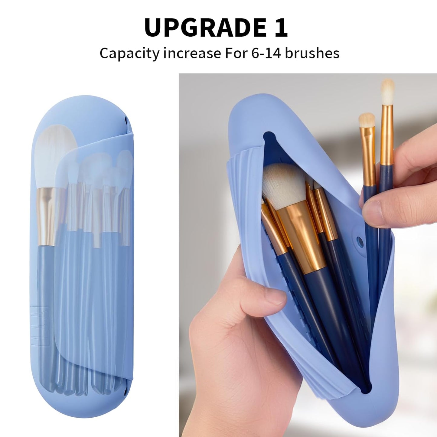 Silicone Makeup Brush Holder Travel Cosmetic Bag：Soft Portable Cosmetic Face Brushes Holder with Upgrade Anti-Fall Out Magnetic Closure, Large Travel Makeup Brush Case - Blue