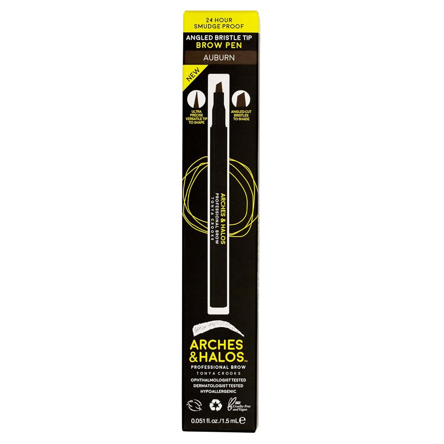 Arches and Halos Angled Bristle Tip Waterproof Brow Pen - Water Based and Smudge Proof Eyebrow Pencil - Extended Wear - Auburn - 0.051 oz