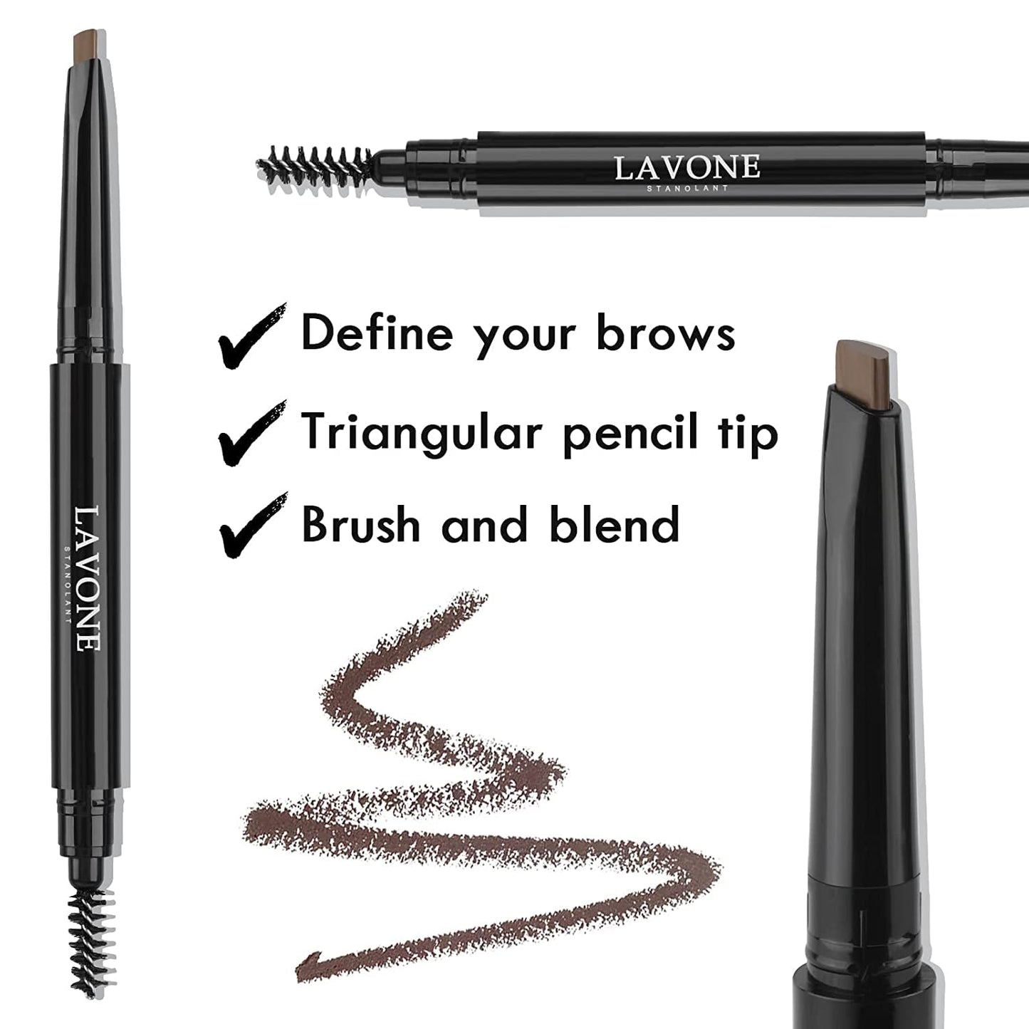 LAVONE Eyebrow Stamp Pencil Kit for Eyebrows, Makeup Brow Stamp Trio Kit with Waterproof Eyebrow Pencil, Eyeliner, Eyebrow Pomade, and Dual-ended Eyebrow Brush - Black Brown