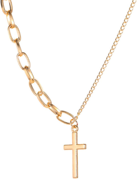 Simple Cross Necklace Asymmetric Chain Cross Pendant Necklace Paperclip Chain Fashion Jewelry for Women and Girls