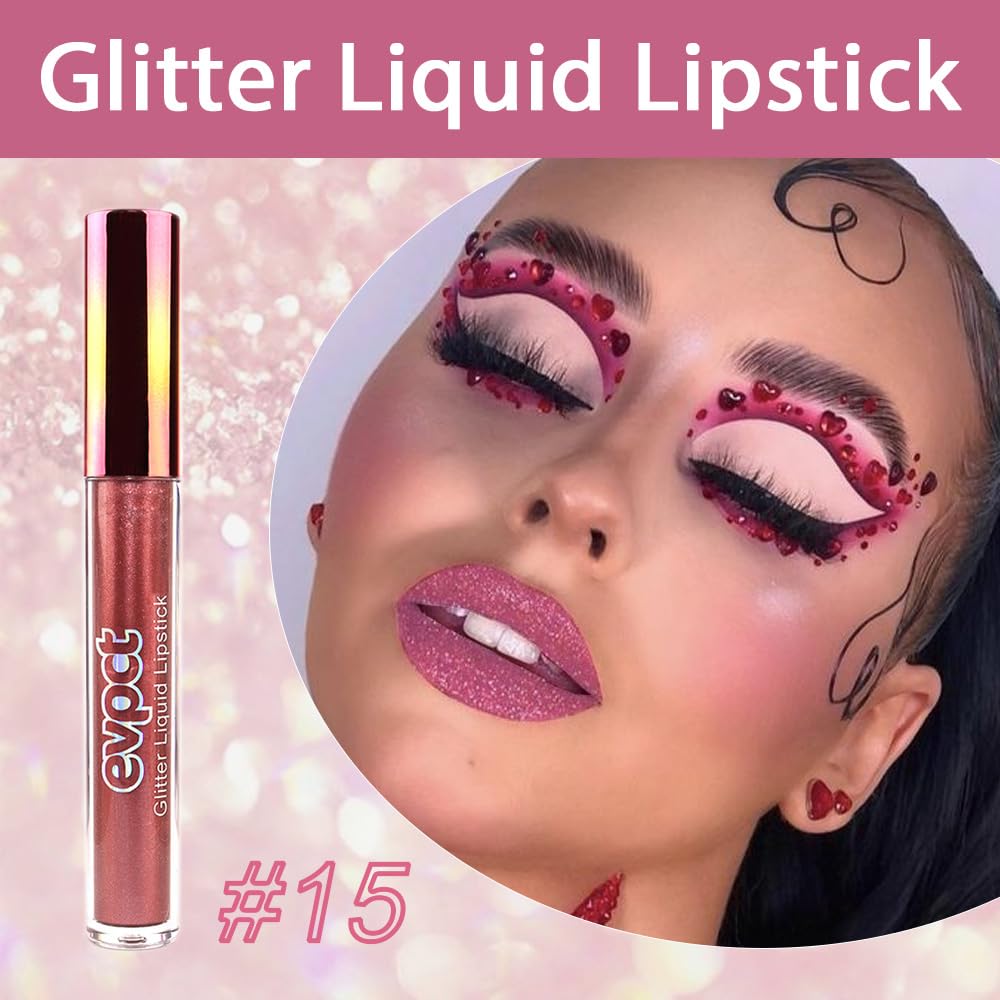 evpct 1Pcs Plum Red Glitter Metallic Shimmer Diamond Lipstick Lip Gloss Stain Set for Women Long Lasting Waterproof, Mauve Red Sparkle Glitter Matte long Wear Liquid Lipstick Lip Makeup Kit, 15#