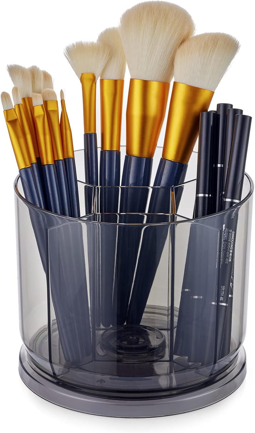 Makeup Brush Holder Organizer -Rotating 360° Clear Storage Cup Containers for Vanity, Desk, Countertop, Spinning Pen Holder for Desk, Round Make up Brush Stand with 5 Slots, for Cosmestics (Grey)