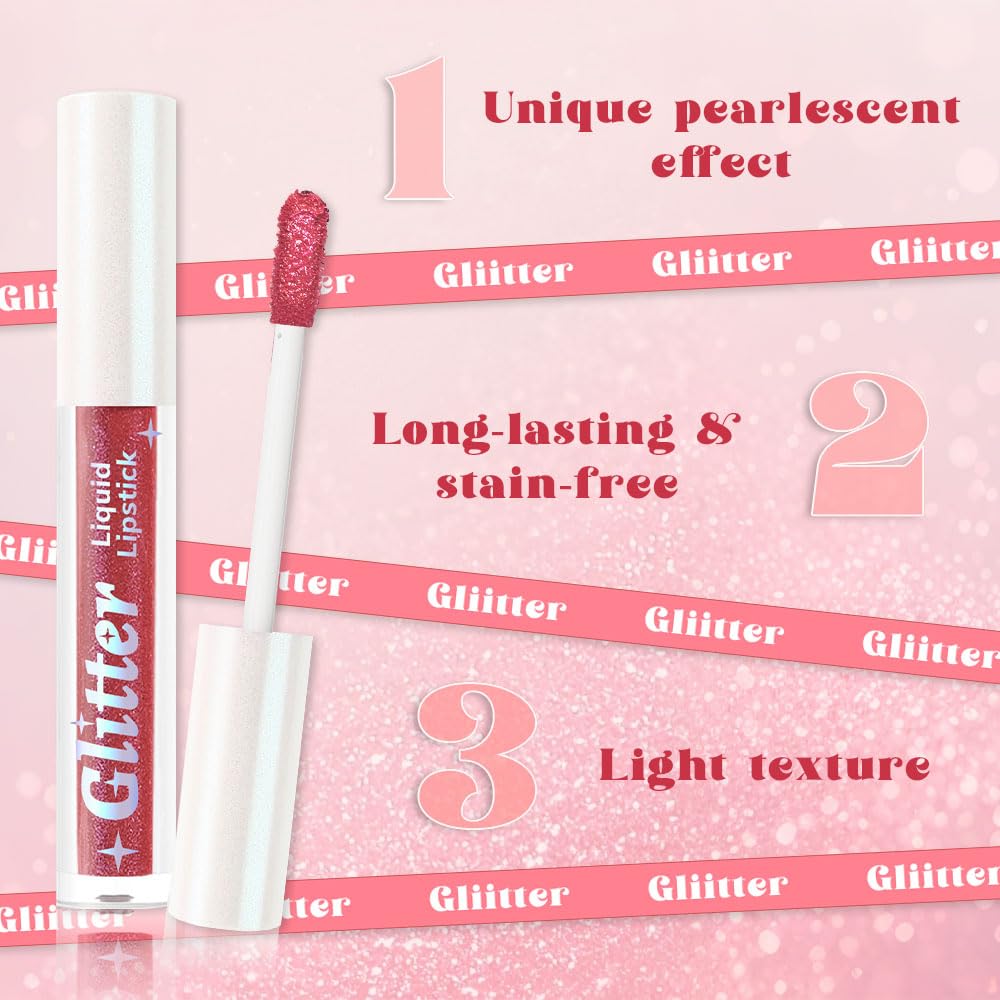 Dark Pink Metallic Lipstick for Women,Lightweight Glitter Sparkling Liquid Lipsticks,Shimmer Lip Gloss Stain Long Lasting Waterproof Smudge Proof Non-Drying 24 Hour Full Coverage Lip Makeup,Vegan