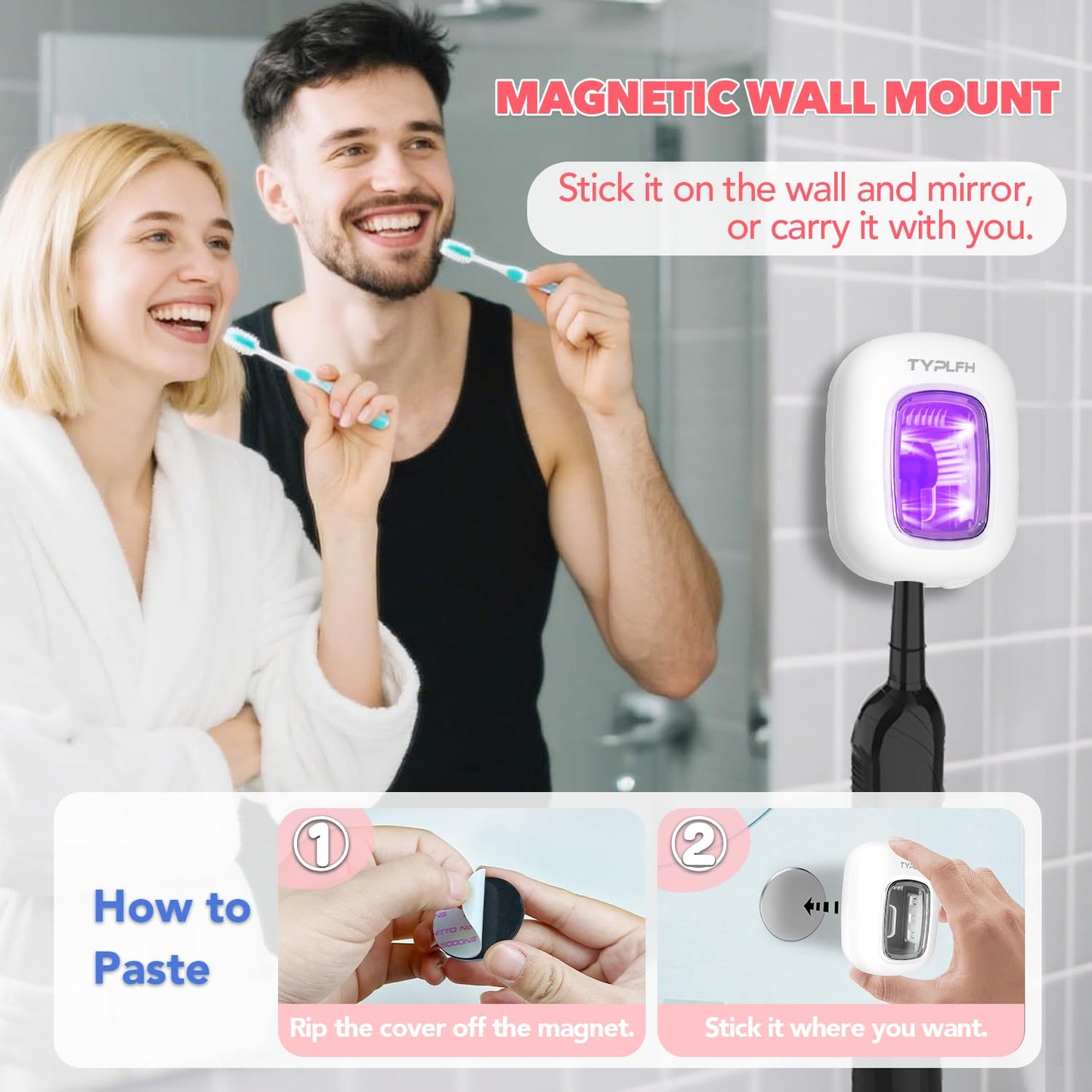 Toothbrush Sanitizer and Holder, TYPLFH Wall Mounted Toothbrush Covers Holders for Bathrooms, Rechargeable Toothbrush Travel Cleaner Case for Electric & Any Toothbrushes