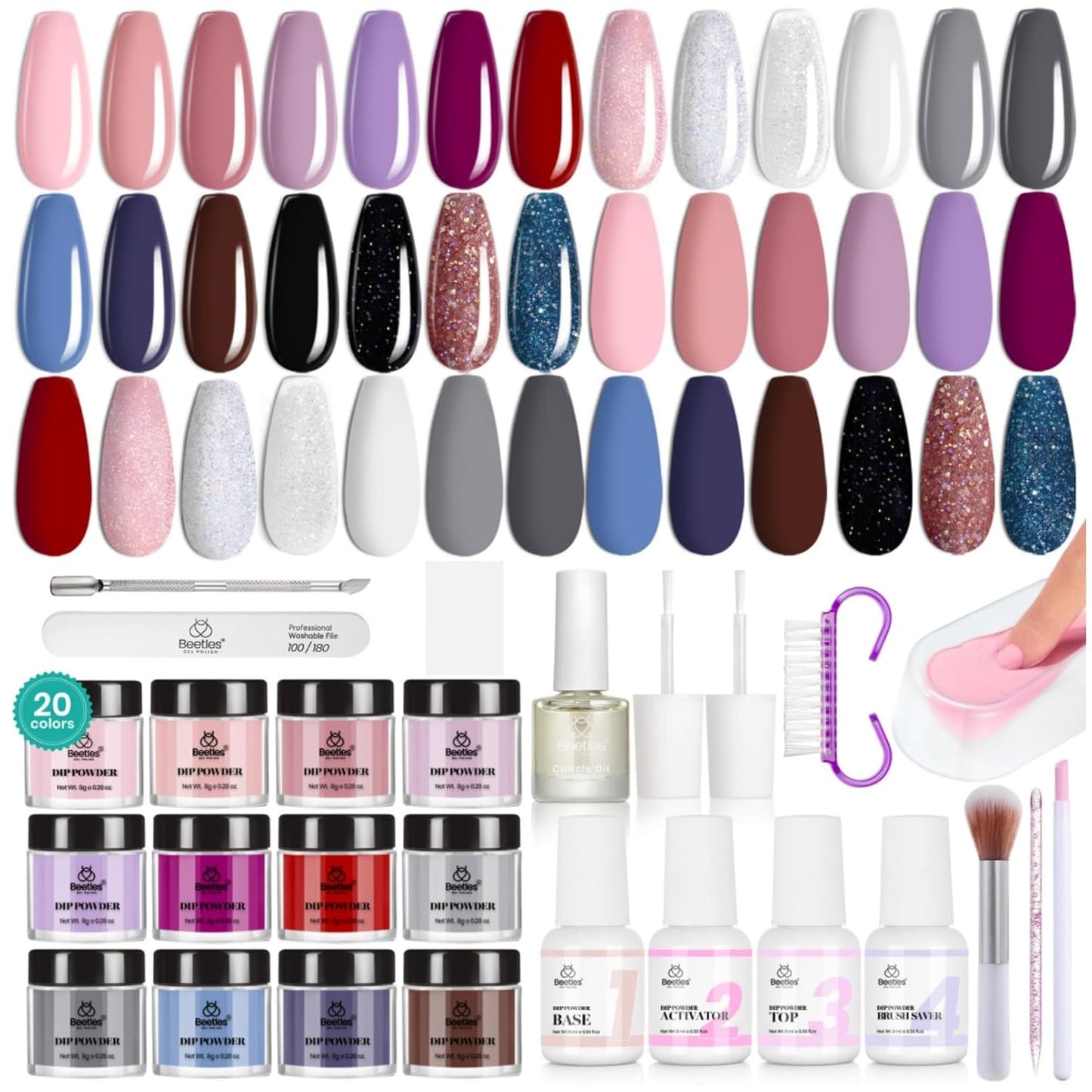 Beetles Dip Powder Nail Kit Starter, 20 Colors Nude Pink Blue Glitter Dipping Powder Set with Base Top Coat Activator for Nail Art Manicure Modern Muse Collection