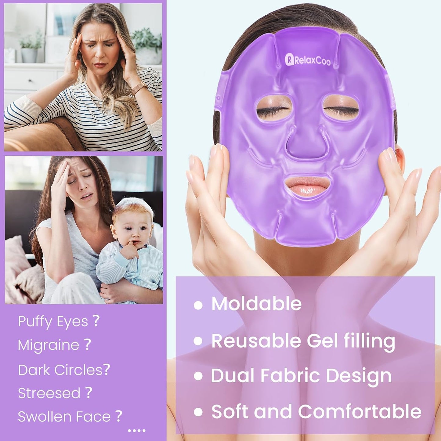 Cold Face Eye Mask Ice Pack Reduce Face Puff,Dark Circles,Gel Hot Cold Compress,Face SPA for Woman Sleeping, Pressure, Headaches, Skin Care, 2 Pack, Purple