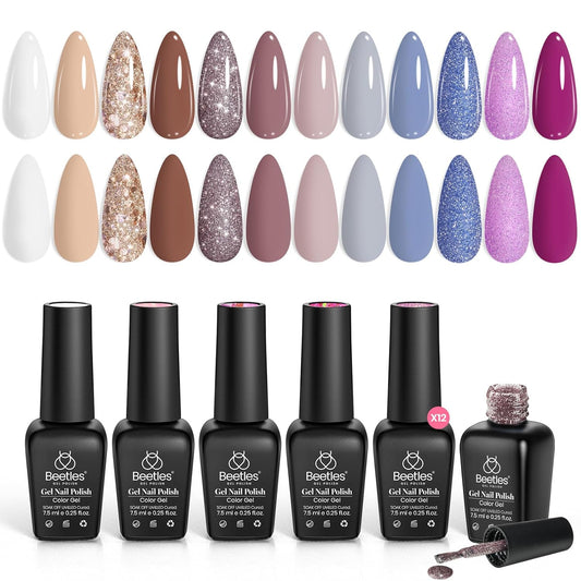 beetles Fall Gel Polish Set, 12 Colors Brown Purple Blue Gel Polish Glitter Neutral Autumn Nails Design Soak off Uv Led Lamp Needed Soft Pulse Nail Art Design Gifts for Women