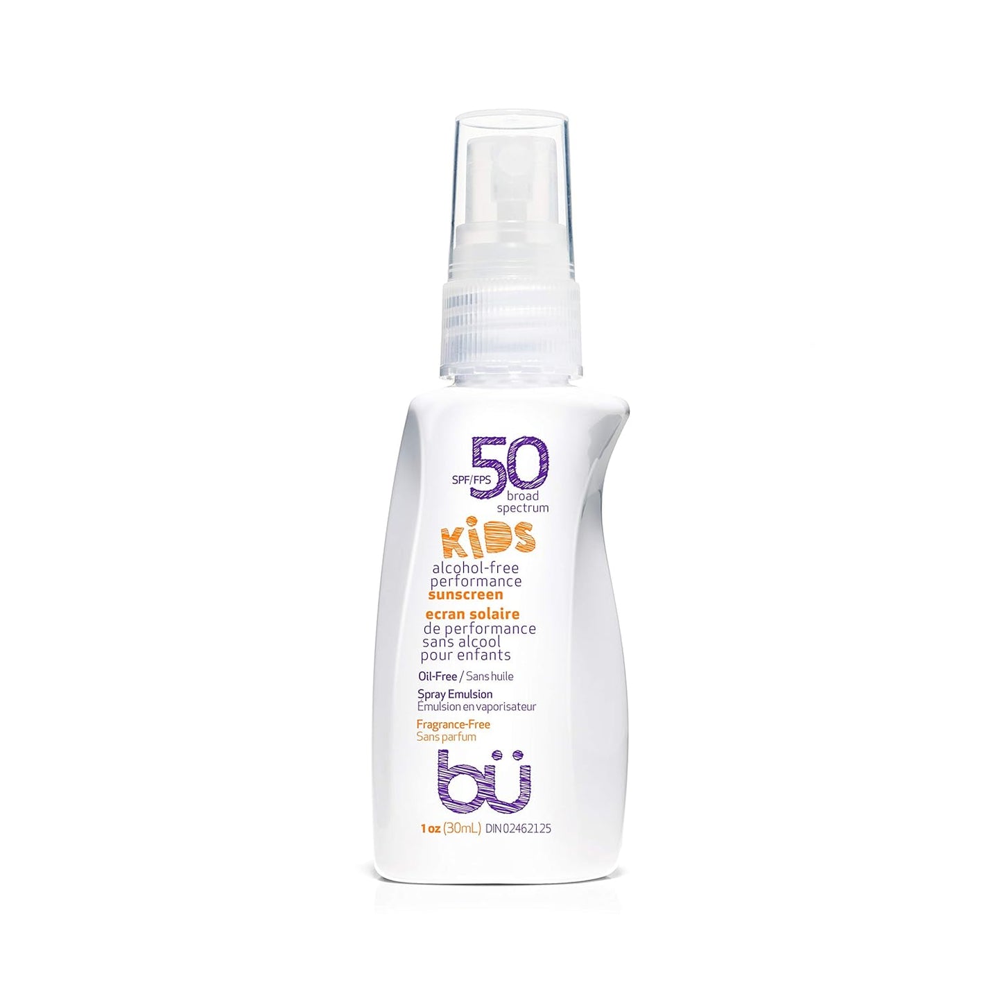 BU SPF 50 Kids Sunscreen Spray for Face and Body, Non Aerosol Spray, TSA Travel Size Sunscreen, Clear, Non Greasy, Water Resistant, Oil Free, Fragrance Free 1 oz