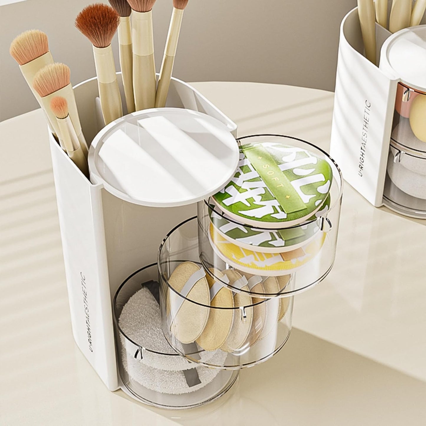 Hair Accessories Organizer with Hair Brush Holder, Rotatable Makeup Brush Holder for Necklaces, Earring, Bracelet, Ring, Makeup Brushes, Hair Clip and Hair Accessories (White, 3-Layer)