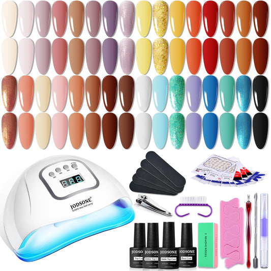 JODSONE 36 Pcs Gel Nail Polish Kit with U V Light of 32 Color Gel Polish Nail Collections Base and Top Glitter Coat Manicure Tools
