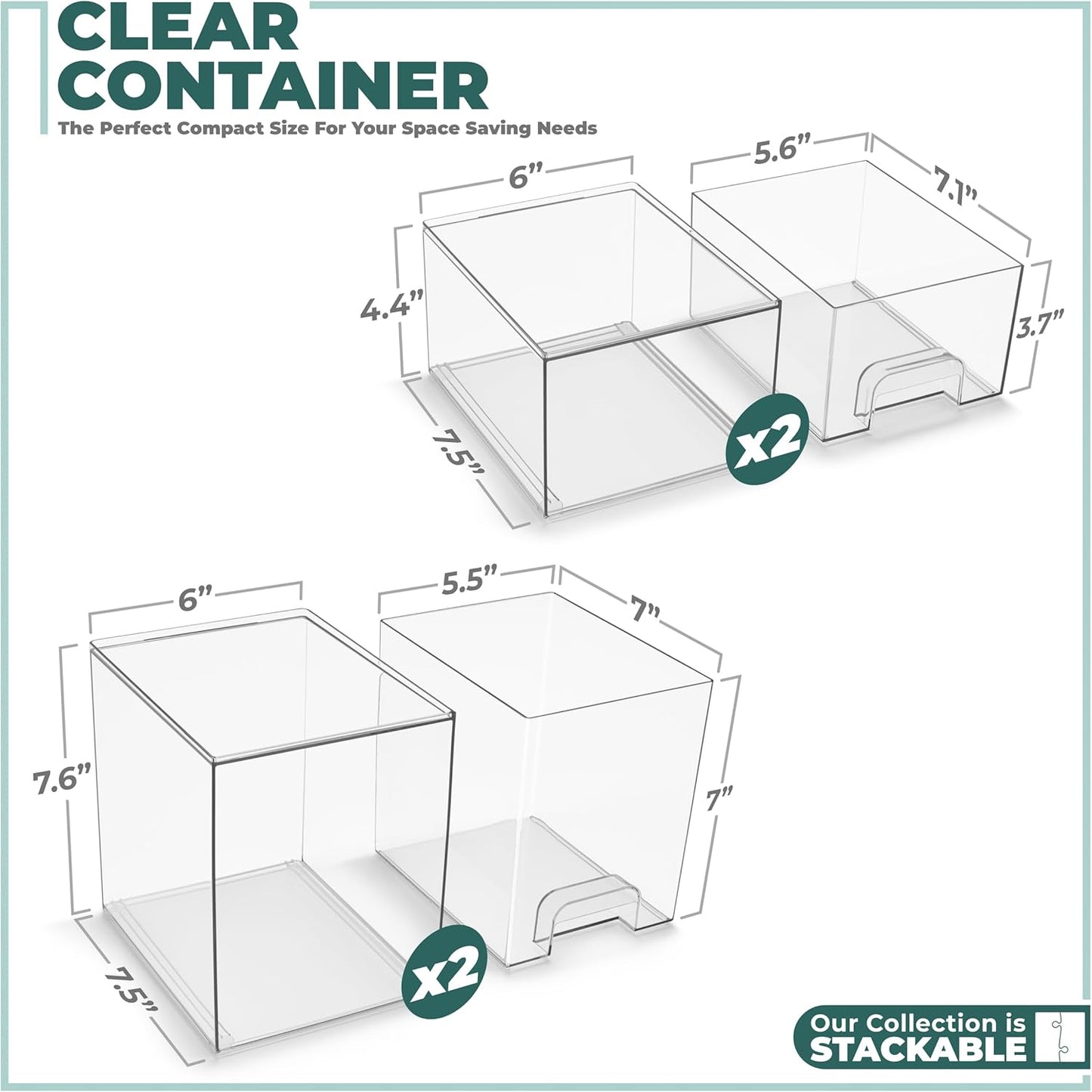 Sorbus Acrylic Storage Containers - 4 Pack, Stackable Storage Bins Set for Bathroom Organization - Clear Acrylic Drawer Organizers - Makeup Case Pull-Out Drawers (7.6’’ and 4.4’’ Tall)
