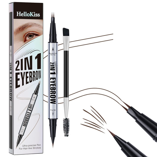 Eye Brow Pencils for Women Brown,2-in-1 Dual-Ended Eye Brow Pencil with 2-Fork-Tip and Precise Brush-Tip, Microblading Eyebrow Pen for Waterproof Long Lasting Natural Hair-Like Brows(Dark Brown)